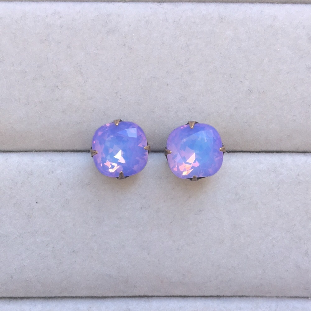 Lilac Purple-Blue Opal Aurora Borealis+Antique Brass Cushion Cut Crystal Earring